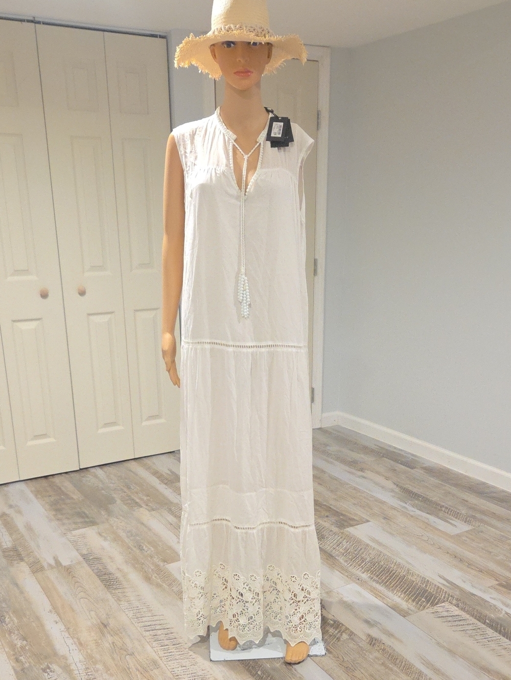 Twin-Set Ivory Sleeveless Maxi Dress with Lace Hem